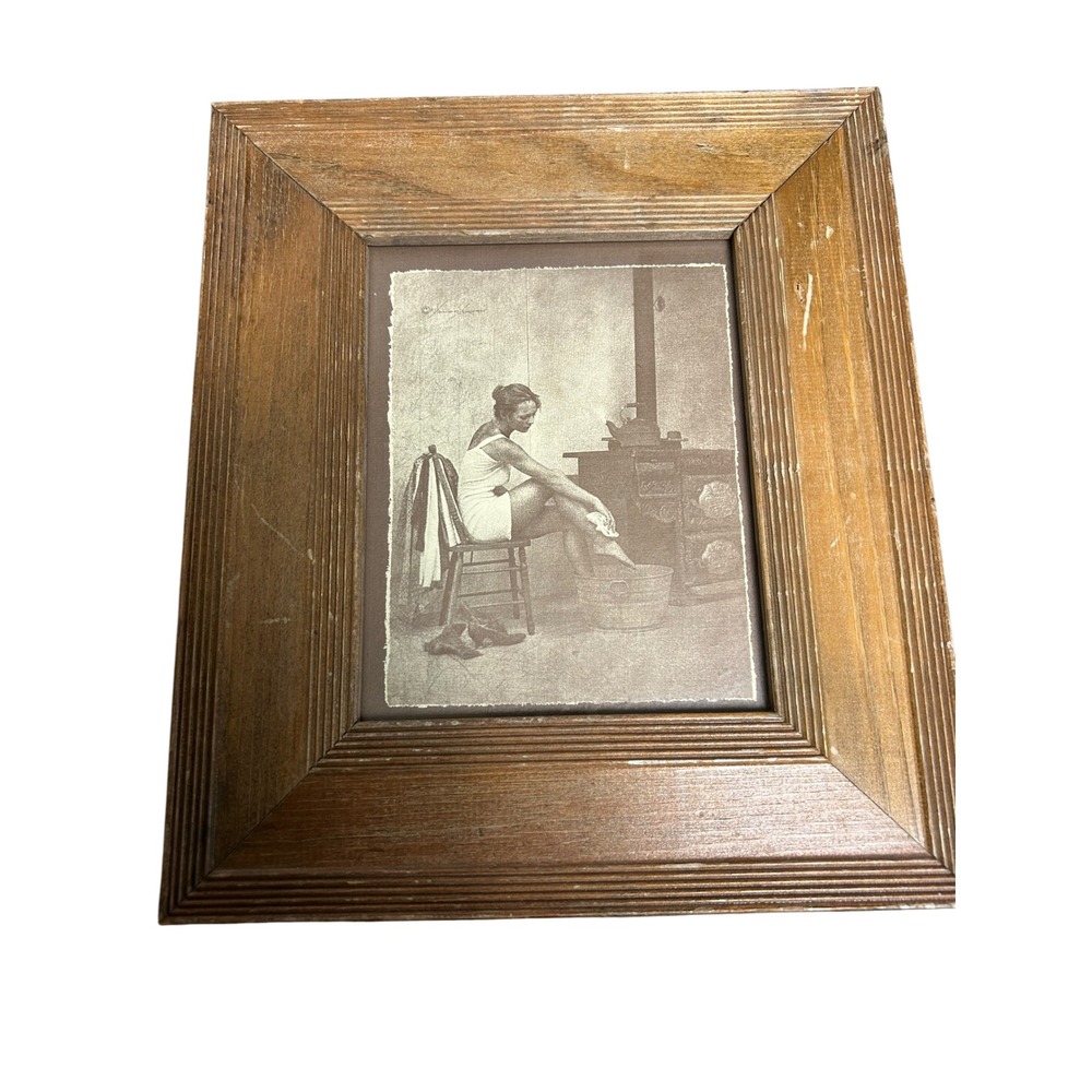 Vintage Rolland Hendrickson Sepia Print Woman Bathing Tub Wood Stove Framed 119